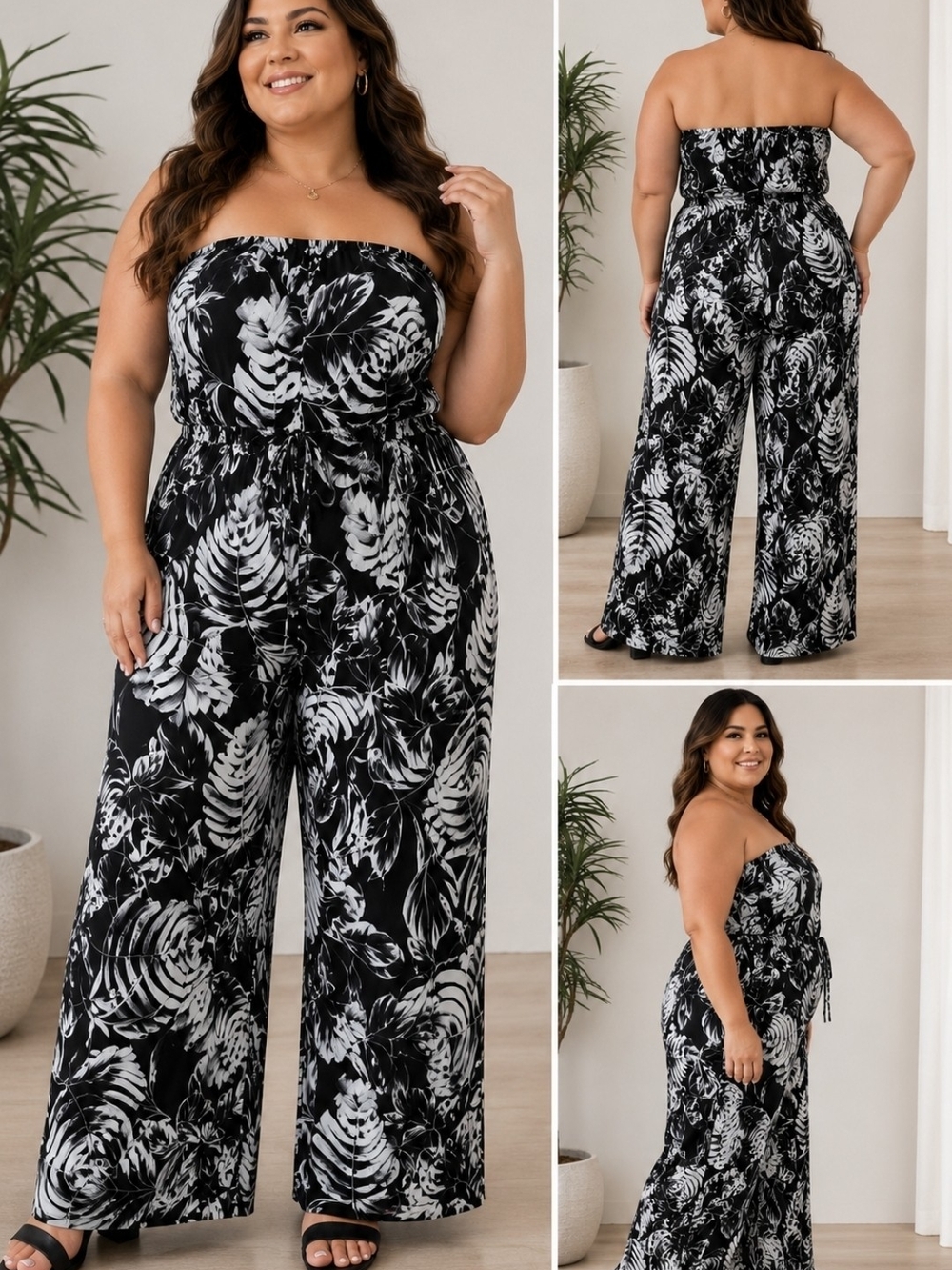 connected apparel Black & White Strapless Tropical Print Wide-Leg Jumpsuit